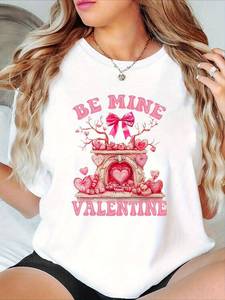 T-shirt nera da donna per San Valentino con cuori rosa, girocollo, maniche corte, in cotone elasticizzato, casual, vestibilità comoda per tutte le stagioni - Product Image 3
