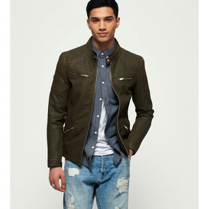 Mens <b>Real</b> Genuine <b>Leather</b> <b>Jacket</b> Olive Green Biker Style Stand Collar Slim Fit Custom Wholesale <b>Leather</b> <b>Jackets</b> - Product Image 1
