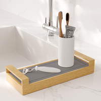 Plateau de rangement en pierre de diatomite à séchage rapide pour lavabo de salle de bain avec cadre en bambou, plateau de bain en diatomite