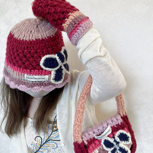 Lovefiercecat Knitted <b>Hat</b> Gloves <b>Bag</b> Set 3 Piece Winter Warmth Adult Acrylic Fiber 54-56cm Fresh Sweet Style - Product Image 4
