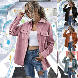 Veste en velours côtelé pour femme, manches longues, col rabattu, boutons sur le devant, manteau décontracté de couleur unie, vêtements d'automne - Product Image 3