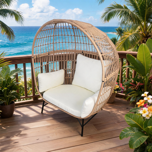 Beige Rattan <b>Egg</b>-Shaped Hanging Lounge Chair, Indoor Outdoor Patio Swing <b>Seat</b> with Cushions for Hotel Villa Garden, Custom OEM - Product Image 1