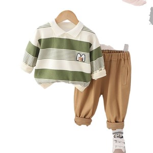 Conjunto de ropa para niños pequeños con cuello Peter Pan a rayas, jersey con bordado de oso, pantalones con cintura elástica, mezcla de algodón, conjunto suave para niños pequeños - Product Image 5