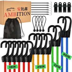 เชือกยางยืดสำหรับงานหนัก AMBITION สำหรับใช้งานกลางแจ้ง พร้อมตะขอปรับได้ (แพ็ค 12 ชิ้น) สายรัดกันน้ำหลากหลายแบบพร้อมตะขอรูปตัว S รับน้ำหนักได้ 185 ปอนด์ - Product Image 1