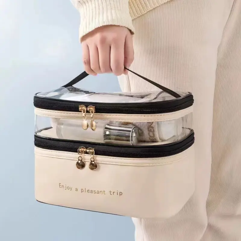 चमड़े के pvc शौचालय बैग डबल जिपर यात्रा दोहरी परत के साथ बड़े क्षमता कॉस्मेटिक बैग