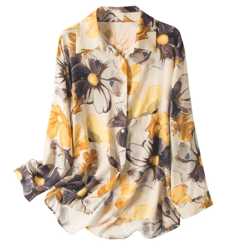 Chinese Ladies Floral Printed Crepe Satin 100% Real Pure Silk Blouse For Women