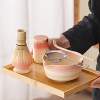 Bol à matcha en céramique avec bec, style rétro de la dynastie Song, dégradé rose, logo personnalisé, ensemble de 7 pièces, boîte cadeau