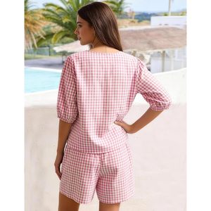 Women Gingham Short Pajama Set <b>Tie</b> Front Puff Sleeve Top High Waist 2 Piece Summer Plaid Loungewear - Product Image 6