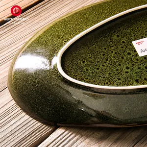 WEIYE "Hidden Lake" Series Rustic Stoneware Porcelain Green Plate Custom Plates Irregular Colored Glaze Ceramic Plate