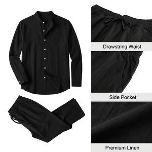 Completo da uomo in <span class=keywords><strong>lino</strong></span>: camicia e pantaloni, 95% <span class=keywords><strong>lino</strong></span> 5% poliestere, lavaggio effetto sabbia, anti-piega, a maniche lunghe, casual, per la spiaggia - Product Image 4