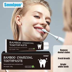 <span class=keywords><strong>Dentifrice</strong></span> au charbon de bambou Smmlpun 105g – Élimine <span class=keywords><strong>les</strong></span> <span class=keywords><strong>taches</strong></span> dentaires, blanchit <span class=keywords><strong>les</strong></span> <span class=keywords><strong>dents</strong></span>, haleine fraîche, saveur menthe, doux pour l'émail – Fabrication OEM - Product Image 1