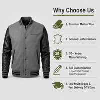 Veste universitaire en laine personnalisée pour homme, gris et noir, manches en cuir, boutons pression, bordure côtelée, style moderne urbain, veste bomber de baseball