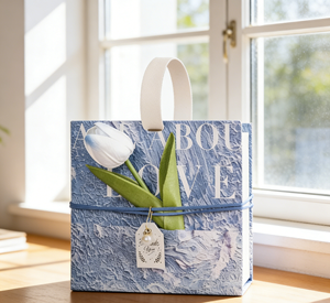 Caja de Regalo Ecológica con Diseño de Tulipán al Estilo Pintura al Óleo, con Asa, Hecha de Papel Grueso Especial con Laminado Mate y Forro de Esponja - Product Image 1