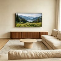 Meuble TV incurvé double face, meuble TV moderne à profil bas avec plateau en pierre et grand espace de rangement dissimulé pour le salon