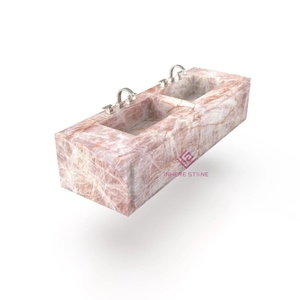 Lavabo Sospeso di Lusso Personalizzabile in Marmo Rosa Cristallo da 72 Pollici con Gonna da 16 Pollici per Bagni Residenziali su Misura e Commerciali di Boutique - Product Image 1