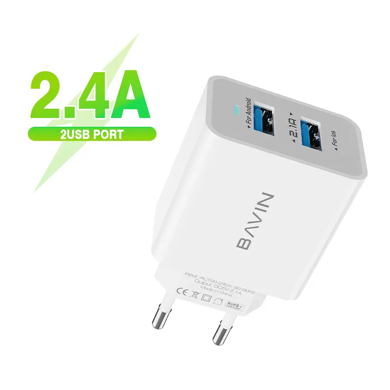 BAVIN Custom UK US EU Plug Wholesale Price Dual USB Port Home Desktop Use Mobile phone Fast Charging Wall Travel Charger PC590Y