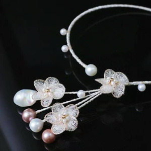 14K Gold Filled Floral Choker Necklace, Italian Lace Craft Handmade Necklace With Natural Edison Pearl - Product Image 1