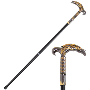 Bastón de Doble Gancho en Forma de Media Luna, Negro y Dorado, con Intrincadas Grabas, Mango de Metal, Bastón de Lujo - Product Image 1