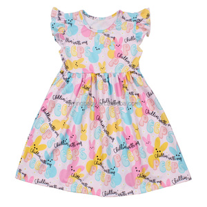 שמלת משי חלב אוסטר אישית עבור בנות הקיץ קיץ מודפסת ארנבת מזדמנים עם שרוולים ruffle הסיטונאי לילדים - Product Image 3