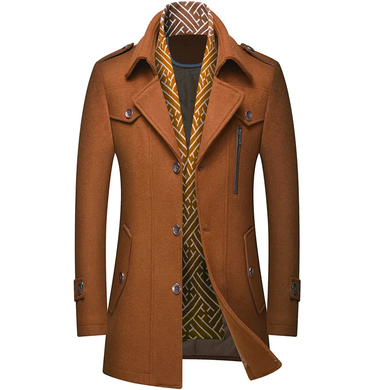 High Quality Professional Mens Wool Coat Slim Fit Middle Long Coat Solid Color Warm Windbreaker Wool Overcoat
