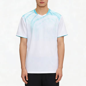 Haut de sport pour homme bleu clair à blocs de couleur, manches courtes, évacuation de l'humidité, séchage rapide pour entraînement de fitness haute intensité et badminton - Product Image 1