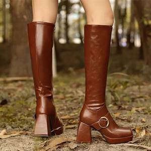 Buckle Square Toe Block High Heel Shoes Women <b>Boots</b> Zipper Big Size 43 Autumn Winter Elegant Lady's Knee High <b>Boots</b> - Product Image 5