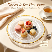 Assiettes de Dîner en Verre à Bord Doré en Gros, Assiettes de Présentation Modernes de Luxe Léger pour Mariage, Vaisselle Horeca Écologique Peinte à la Main