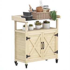 For Outdoor <b>Wooden</b> Potting Table Garden Workstation <b>Storage</b> Cabinet Aluminum Top Rubber Wheels Backyard Patio Balcony - Product Image 1
