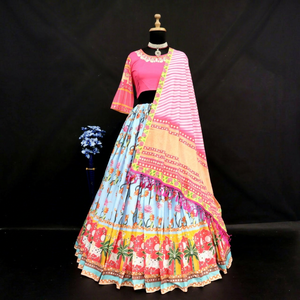 Nuevo y Elegante Lehenga Choli Dupatta de Diseño con Estampado Digital, Semi-Cosido, Largo hasta el Suelo, Elástico, de Seda de Mantequilla y Micro Algodón para Fiesta - Product Image 1