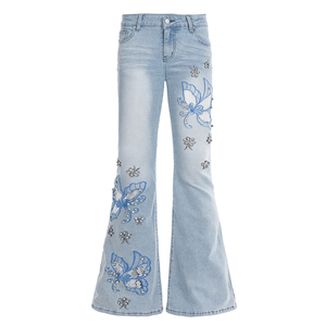 กางเกงยีนส์ทรงบานเอวต่ำปักลายผีเสื้อสไตล์วินเทจ Y2K แฟชั่นลำลองแนวสตรีท - Product Image 6