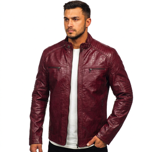 Men's <b>Burgundy</b> <b>Leather</b> Motorcycle <b>Jacket</b> Front Logo Stand Collar Zipper Closure Slim Fit Autumn Style - Product Image 1