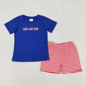 Ensemble 4th of July pour garçons, T-<span class=keywords><strong>shirt</strong></span> rayé avec broderie de chiot patriotique et short rouge/à carreaux, tenue d'été 2 pièces pour garçons - Product Image 4