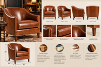 Fauteuil lounge en cuir marron de designer avec accents cloutés en laiton, accoudoirs larges et rembourrage élégant pour salons haut de gamme