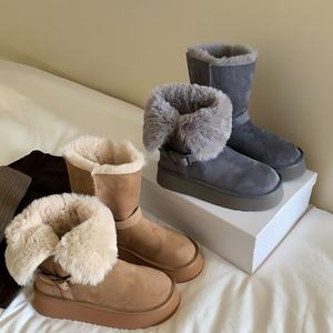 Sepatu Bot Salju Wanita Kulit Asli YL Sol Tebal, Model Dua Pakai, Musim Gugur Musim Dingin, Berbahan Beludru Hangat Berbulu, Bernapas, dengan Gesper Tali Sepatu Model Mid-Barrel - Product Image 6