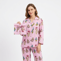 Ensemble de pyjama en coton imprimé floral rose pour femmes, manches trois-quarts, col en V, longueur intégrale, brodé, respirant, séchage rapide