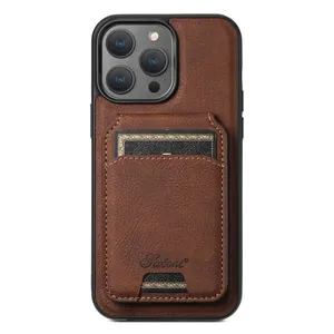 Capa para iPhone 15 com capa de couro preto, suporte de couro de lichia, capa para celular