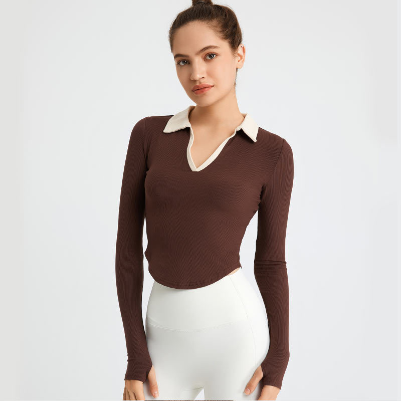Women's Turn-down Collar Solid Sports T-Shirt V-neck Tight-fitting Nine Quarter Sleeve Fitness Wear Rounded Hem Running Yoga