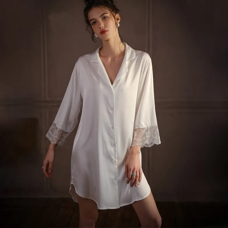 Phụ Nữ Sexy Băng Lụa Đồ Ngủ Thời Trang Ren Ngủ Áo Sơ Mi Váy Đơn Giản Áo Sơ Mi Bên Ngoài Để Mặc Của Phụ Nữ Đêm Gowns Nhà Quần Áo
