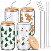 Mug à café/bière en verre de 16 oz avec logo de Noël vert personnalisé par le fabricant, avec couvercle en bambou et paille, idéal pour les cadeaux d'affaires