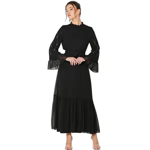 CY500223黒長袖フリル裾Aラインベルトアバヤ女性イスラム教徒のドレス2024ドバイ湾服女性