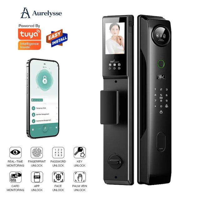 Aurelysse Wholesale Palm Vein Unlock Smart Door Lock 3D Face Recognition High Security Video Intercom Tuya OEM/ODM Factory Price