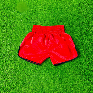 Shorts de boxe Muay Thai pour hommes rouges, taille haute élastique, satin brodé, séchage rapide, entraînement de combat, logo personnalisé, vêtements MMA - Product Image 1