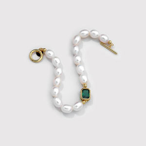 Pulseras de lujo de estilo INS para mujer, brazaletes de plata de 18K con perlas de agua dulce chapadas en oro y circón verde, 2021 - Product Image 2