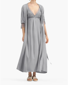 Dames Lichtgrijs Lange Robe Kanten Trim Manchet 3/4 Mouw Kimono Kamerjas Riem Maxi Bruidsgewaad Zachte Nachtkleding - Product Image 1