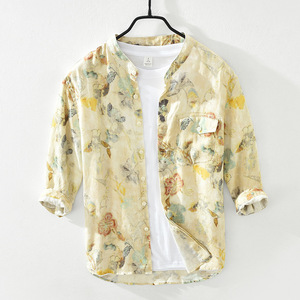 Magliette a mezza manica da <span class=keywords><strong>uomo</strong></span> con stampa autunnale digitale in <span class=keywords><strong>lino</strong></span> 100% all'ingrosso della fabbrica <span class=keywords><strong>camicia</strong></span> Casual hawaiana personalizzata - Product Image 2