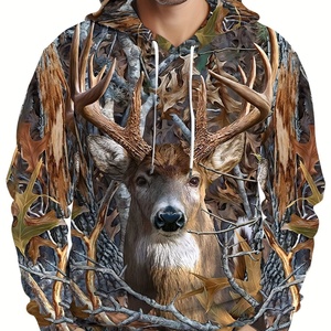 Sweat à capuche pour homme, uni, broderie 3D, pêche, camping, chasse, vêtements décontractés pour l'extérieur, lavable en machine, polyester, poches, coupe ample - Product Image 1