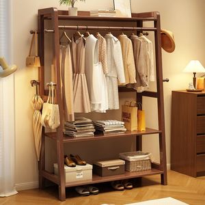 Solid Wood Floor <b>Standing</b> <b>Coat</b> <b>Rack</b> Walnut Color Simple Modern Design Bedroom Storage <b>Rack</b> With Shelves For Clothes And Shoes - Product Image 1