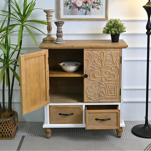 Kitchen Living Room <b>Rustic</b> Handmade Distressed 31.5" Accent Solid Wooden Flower Carved Door <b>Sideboard</b> Cabinet with 2 Drawers - Product Image 2