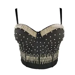 3D Perlen und Rohr Schlinge Träger Kurze Damen Outwear Mit BH Pad Bone Crop Bustier Korsett Weibliche Damen Sexy Tops Für Mädchen