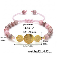 Bracelet en acier inoxydable avec médaille Saint-Benoît, perles en œil de tigre naturel et zèbre rose, plaqué or 18 carats, bracelet catholique fait main